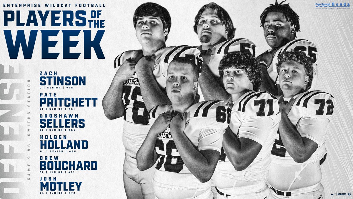 EHS__Football's tweet photo. Offensive Players of the Week - Game 9 vs. Smiths Station - 

Zach Stinson
Pate Pritchett
Groshawn Sellers
Kolben Holland
Drew Bouchard
Josh Motley 

| #GoCats https://t.co/5Yo0CpIPxw