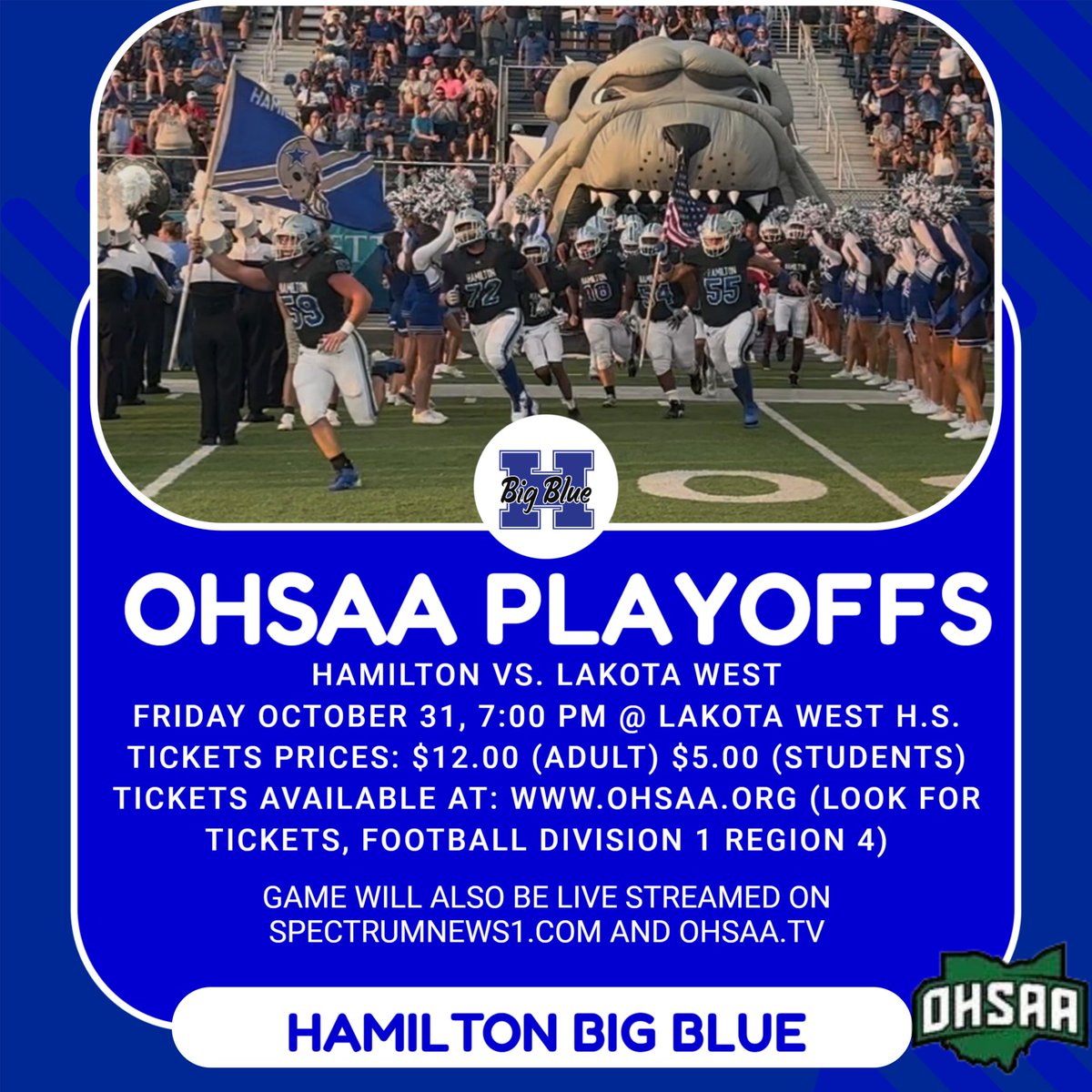 Big Blue will travel to Lakota West for the first round of the OHSAA playoffs. 

📅Friday October 31
⏱️7:00 pm
🎟️ohsaa.org/tickets
🖥️ohsaa.tv