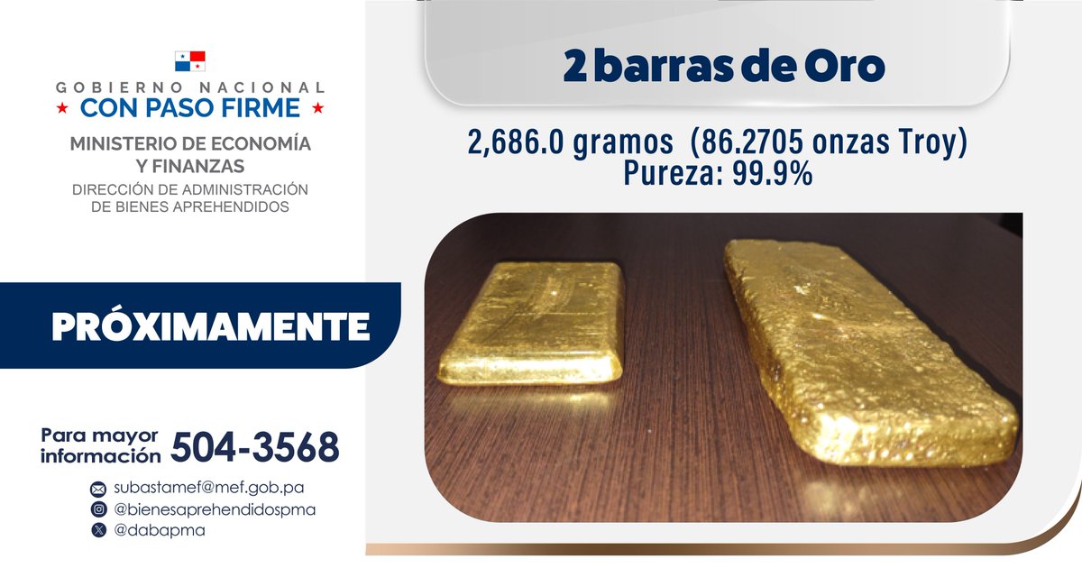 🔔Próximamente se realizará la subasta pública de dos barras de oro.

⚖️ 2,686 g (86.2705 onzas troy)
✨ Pureza 99.9%

📞 Para citas llame al 504-3568

#ConPasoFirme #SubastaPública