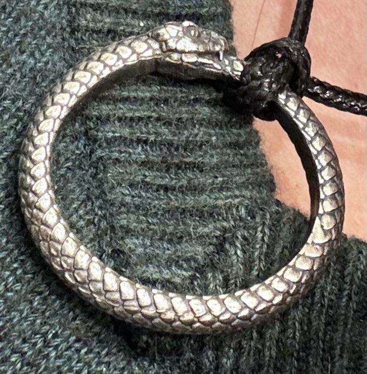whitegoldsword's tweet image. An Alchemical #Ouroboros, the self-eating snake of eternity. As seen in an 19th century memorial at Winchester Cathedral. 
And my silver Ouroboros!