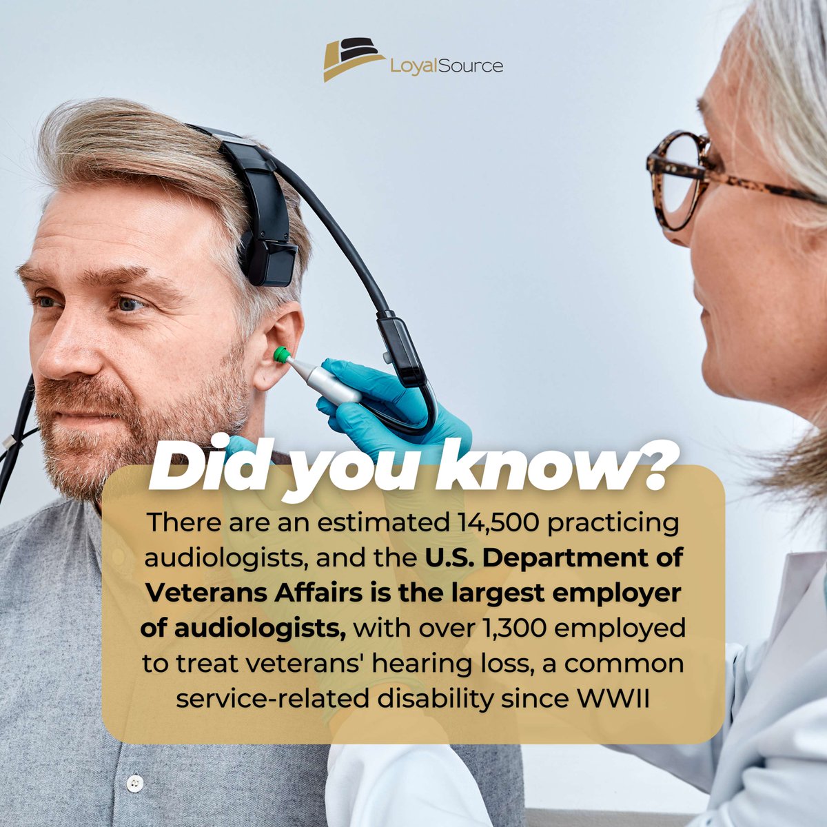 LoyalSourceGS's tweet image. Audiologists make a huge impact on veterans’ lives every day. This Audiology Awareness Month, let’s celebrate the professionals who help restore hearing and improve quality of life! 💙 #AudiologyAwareness #HearingHealth #VeteranCare #WeAreLoyalSource