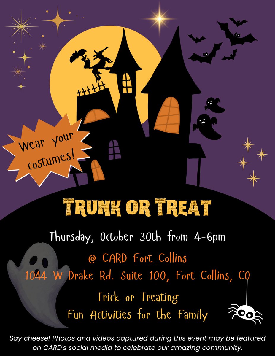 centerforautism's tweet image. 🎃 Join Us for Trunk or Treat at CARD Fort Collins! 👻

We’ll have treats, games, and smiles for all! 🍬
This event is free and open to the public, so invite your friends, neighbors, and ghoulish little goblins!

#TrunkOrTreat #FortCollins #FamilyFun #Halloween #SpookySeason