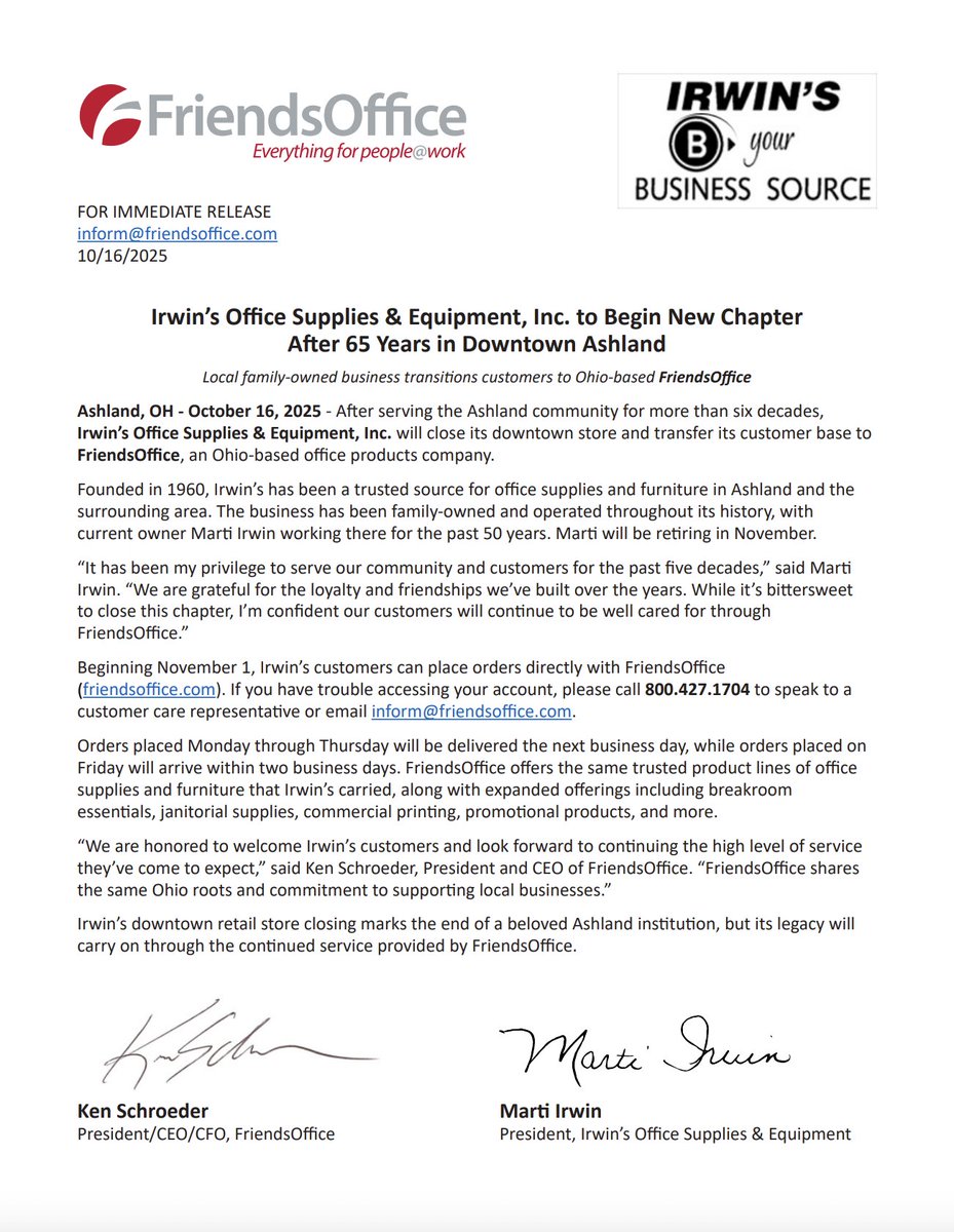 FriendsOhio's tweet image. 𝔹𝕀𝔾 ℕ𝔼𝕎𝕊: ✨One door closes… another opens up for more!

Welcome, Irwin’s Office Supplies customers! 💼
We’re proud to continue the legacy of great service that’s kept Ashland working for 65 years.
#FriendsOffice #AshlandOhio #EverythingForPeopleAtWork #BetterWithFriends