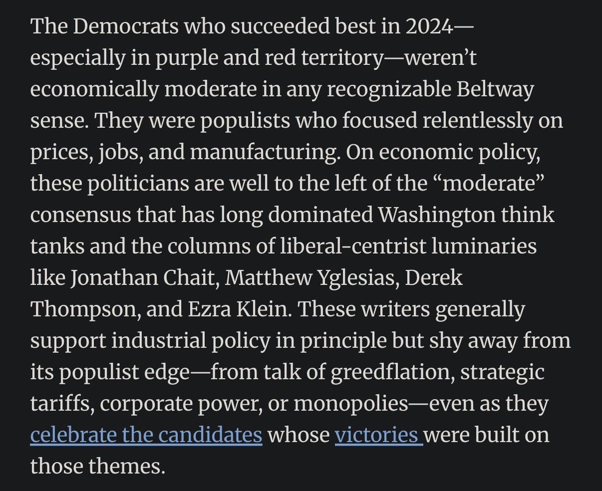 austinahlman's tweet image. I think this piece does a great job of cutting through one of the most annoying myths in the political economy debate. The “moderates” who consistently overperform sound a lot more like Lina Khan than Ezra Klein when it comes to economics.