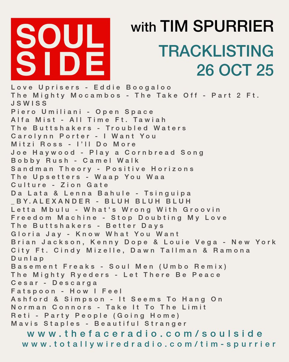 Tim’s leading a Love Uprising this week. Two hours of pure soul power. Expect brand-new releases, deep funk, smooth jazz, and timeless grooves, all united under one banner: love through music.

Listen back now:
🎧 thefaceradio.com/soulside/
🎧 totallywiredradio.com/tim-spurrier/