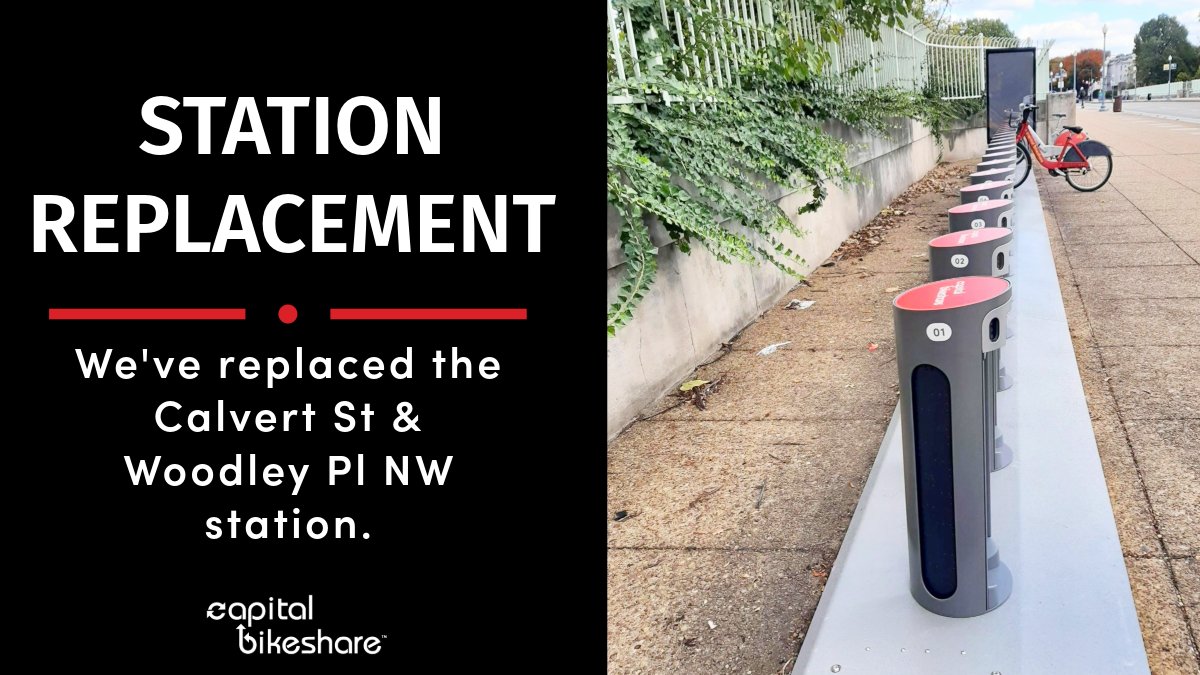 🚨 STATION ALERT 🚨

The Calvert St &amp; Woodley Pl NW station has received an upgrade with 20 new Pillar docks. This station has been a busy hub, facilitating over 332,000 trips since November 2013 before its recent replacement.