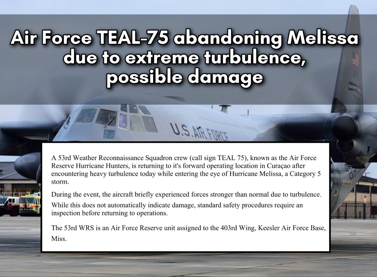 MyRadarWX's tweet photo. BREAKING: An Air Force Hurricane Hunter aircraft encountered extreme turbulence in Melissa’s eyewall.

The G-factor stresses were potentially significant enough to damage the air frame.

As a precaution, the crew is abandoning the storm and returning to base. https://t.co/ms2We1PSNl