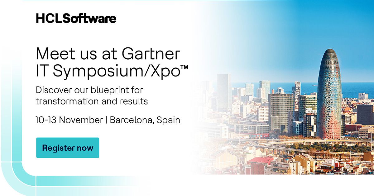 HCLSoftware's tweet image. Put it on your calendar! We&apos;re heading to the @Gartner_inc EMEA IT Symposium/Xpo™ in Barcelona, Nov 10-13! 
See our XDO blueprint for enterprise transformation at Booth #404.
Register now: hclsw.co/ibigqe
#HCLSoftware