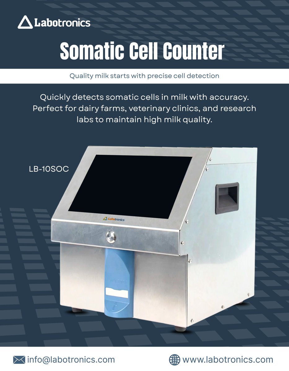 Labotronics's tweet image. Labotronics Somatic Cell Counter LB-10SOC detects somatic cells in milk quickly and accurately. Perfect for  veterinary clinics, and research labs to ensure top quality milk. 

info@labotronics.com
labotronics.com/somatic-cell-c…

#labotronics #milkquality #veterinarytools #labequipment