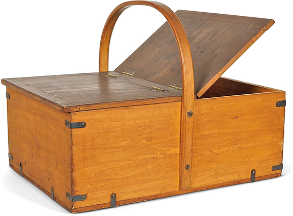 AntiqueDigest's tweet image. This c1849 Shaker New Lebanon double-lidded carrier with yellow stain featured hardwood lids with poplar bread-board ends, a white pine base reinforced with hand-cut tin brackets, &amp;amp; bent ash handle. It sold for $9225 at Bray &amp;amp; Co maineantiquedigest.com/stories/wether… #antiques #antique #shaker