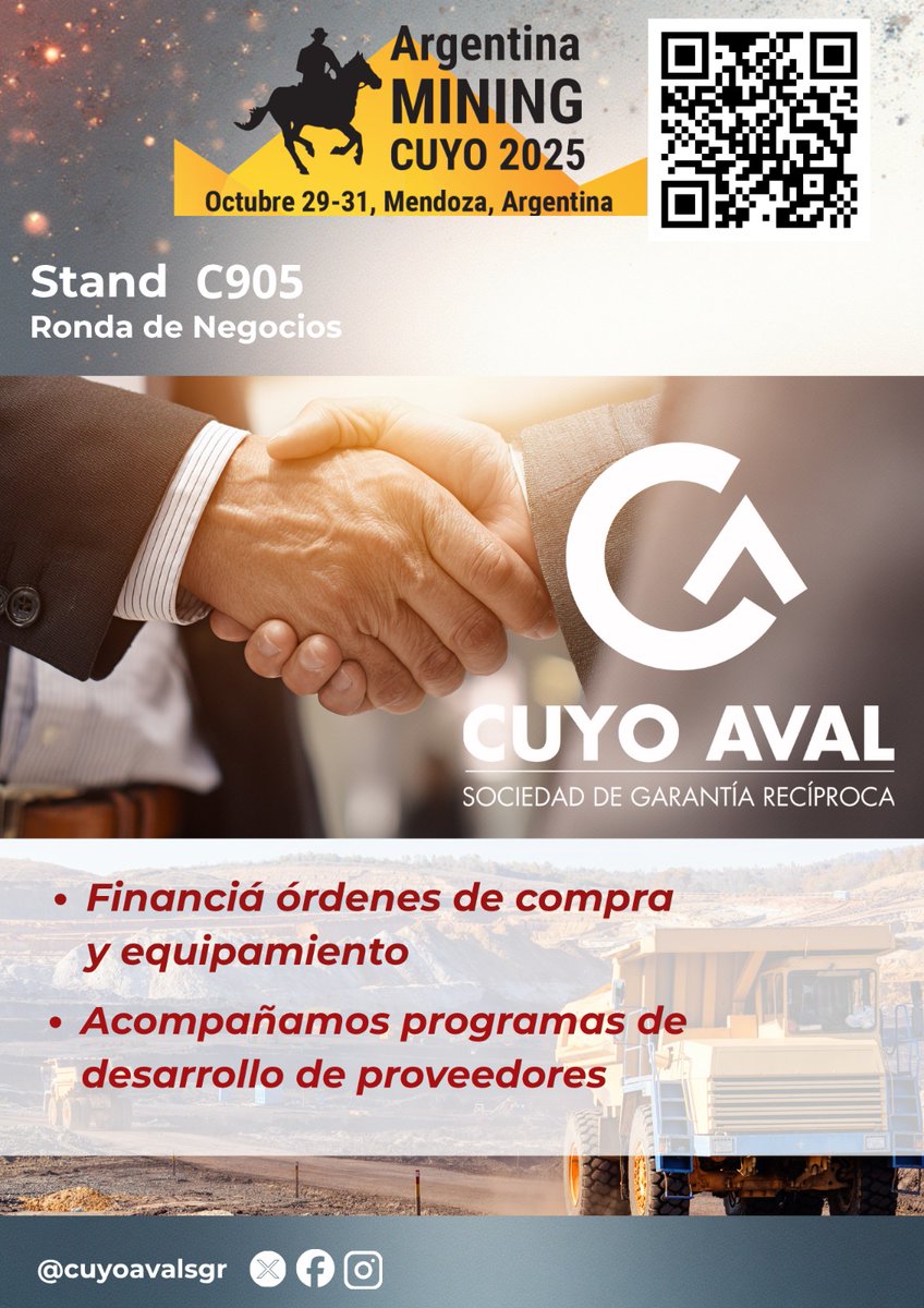 Cuyo Aval SGR, presente #ArgentinaMiningCuyo2025.
💼 Impulsamos el crecimiento del sector con financiamiento y garantías que fortalecen a las PyMEs proveedoras.

<a href="/ArgentinaMining/">Argentina Mining</a>
#CuyoAvalSGR #MineríaConValorLocal #FinanciamientoPyME