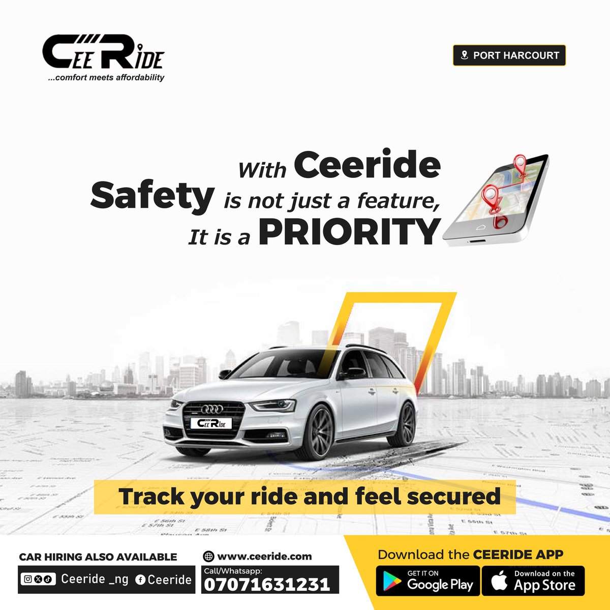 Ceeride_ng's tweet photo. You shouldn’t have to worry when you’re on the move.
🚘 Verified drivers
📍 Live tracking
✅ Share your ride instantly

Your safety isn’t just a feature,it’s our priority.
 Book your next ride with Ceeride, where every trip feels secure and connected.
#ceeride #portharcourtrides https://t.co/fw8XJD1sb3