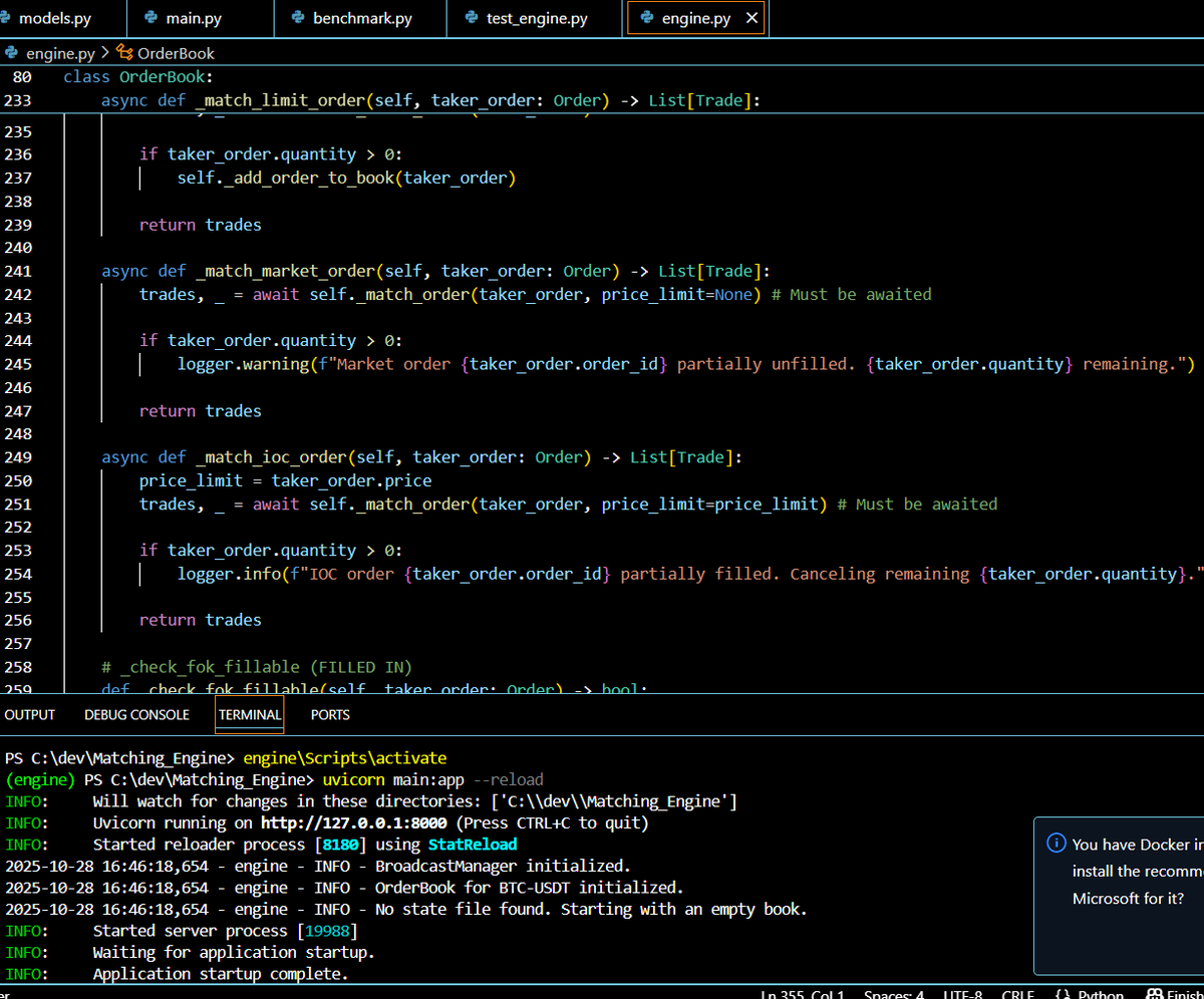 anukalp2003's tweet image. Excited to share my backend project: a Python matching engine! ✅ Price-time priority ✅ REST API (FastAPI) ✅ Real-time WebSocket APIs (Trades & L2 Depth) ✅ Persistence & Fee Model bonus features! ✅ Stable under load (~334 OPS, 10k orders/0 fails)#Python #Developer #FinTech