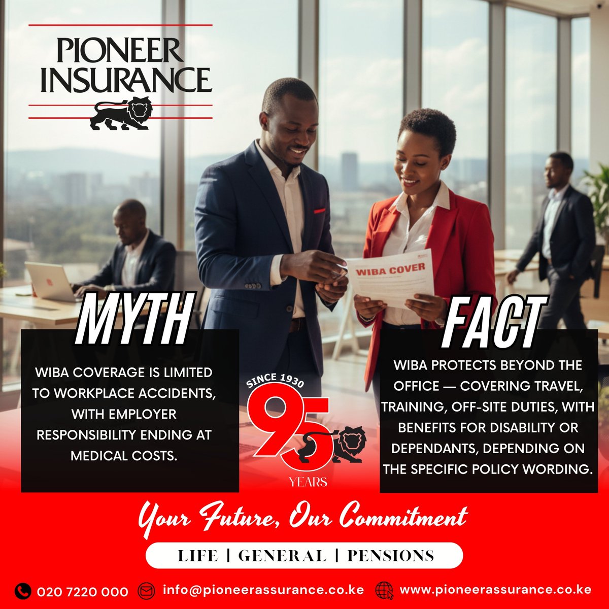 PioneerKenya's tweet photo. Myth: WIBA is just for workplace accidents. FACT: It covers travel, training, and off-site duties! Get the full protection your team deserves. ๐ก๏ธ
Your Future, Our Commitment.
#WIBACover #InsuranceFacts #PioneerInsurance https://t.co/lxbIwRrLlb