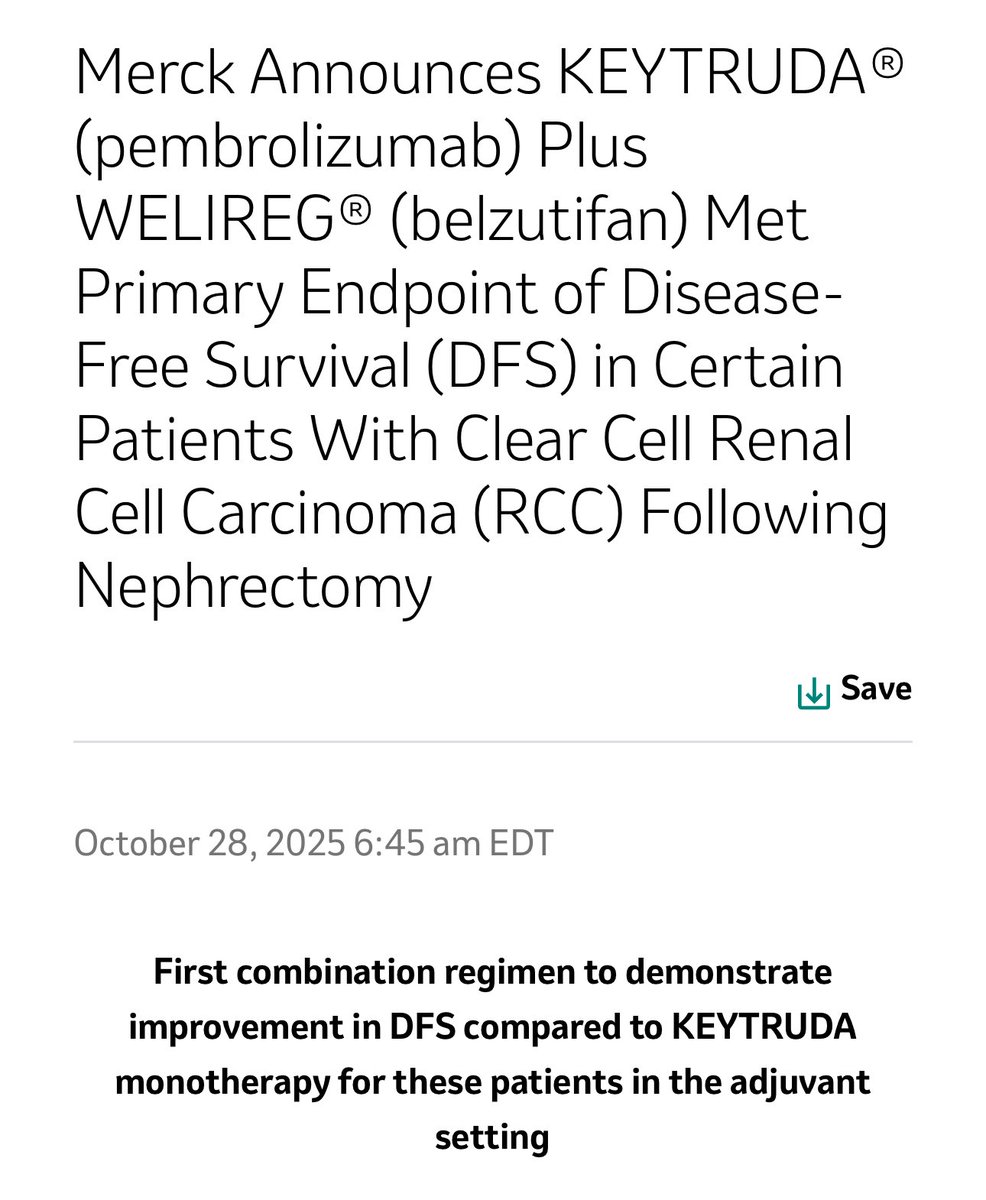 DrYukselUrun's tweet image. Pembrolizumab + belzutifan improved disease-free survival in clear cell renal cell carcinoma after surgery, the first combo to do so in the adjuvant setting.
Proud to be part of the LITESPARK-022 trial as an investigator. 
Endless thanks to all patients and families who made this…