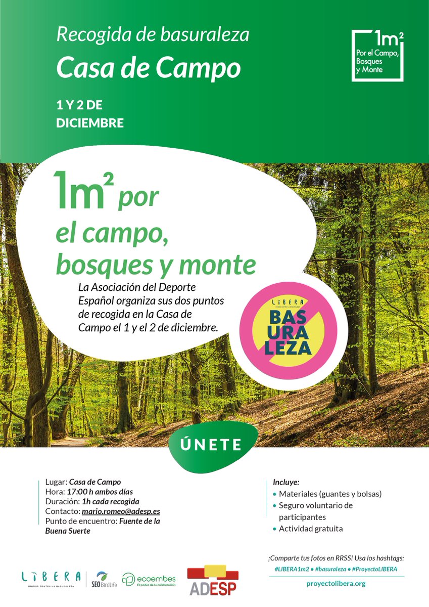depespana's tweet image. El #DeporteEspañol empieza ya a crear sus puntos de recogida de cara a la Campaña LIBERA1m2 por el Campo, Bosques y el Monte. Crea tu punto de recogida aquí: proyectolibera.org/proximos-event… #ProyectoLIBERA #LIBERA1m2 #Basuraleza #GreenSportFlag @ecoembes  @SEO_BirdLife  @depespana