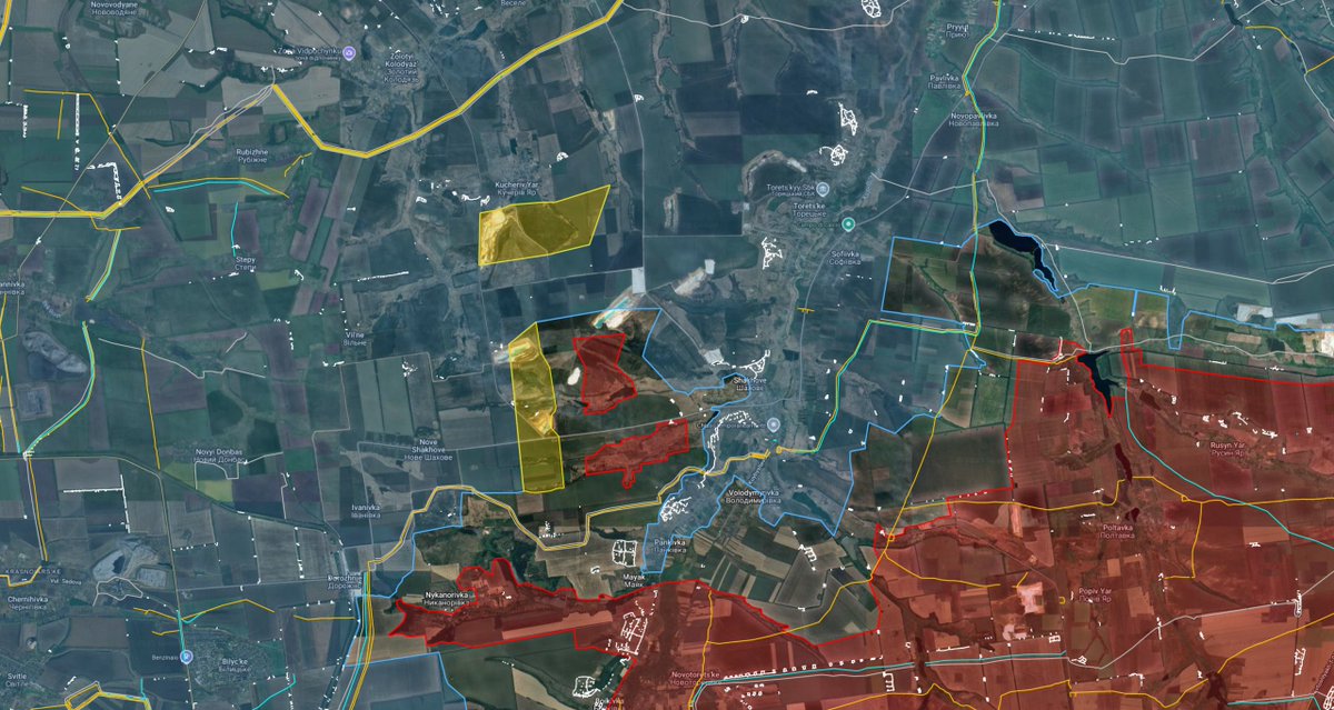Playfra0's tweet image. Ukrainian forces completed the clearing of the Kucheriv Yar pocket and advanced east of Nove Shakhove, while the Russians advanced west of Stepova Novoselivka.