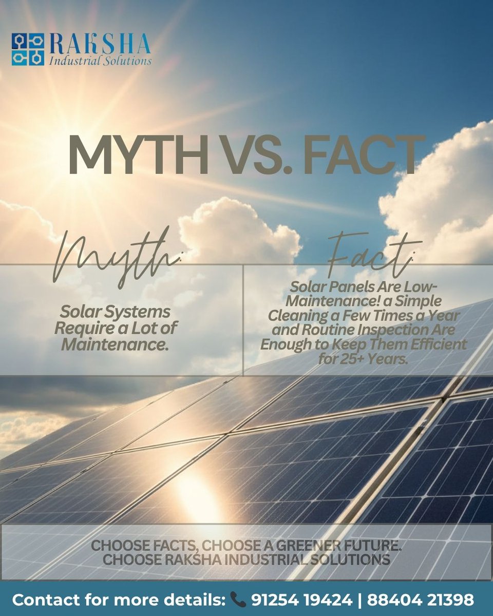 RakshaIndSol's tweet image. Think solar panels need constant care? 🤔
Think again! 🌞
With just minimal cleaning and checkups, your solar system can shine bright for decades!
Contact us today to switch to solar and start saving!
📞 91254 19424 | 88404 21398
🌐 rakshaindustrialsolutions.com

#SolarMadeSimple