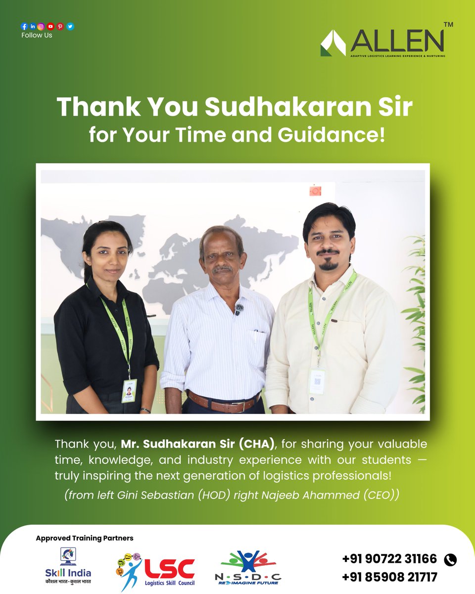 Thank you, Mr. Sudhakaran Sir (CHA), for sharing your valuable time, knowledge, and industry experience with our students — truly inspiring the next generation of logistics professionals!

📞 Contact: +91 90722 31166
📧 pro@alleninstitution.com
🌐 alleninstitution.com