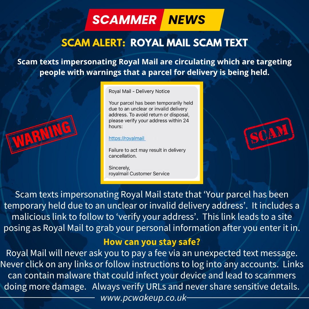 🚫 Don’t fall victim to scammers posing as Royal Mail. 🔒Never click links in unsolicited texts or share personal information. Forward text to 7726 to report it.🛡️Contact us if you think you have a virus or would like anti-virus installed on your pc. #PCWakeup #Ipswich #Suffolk