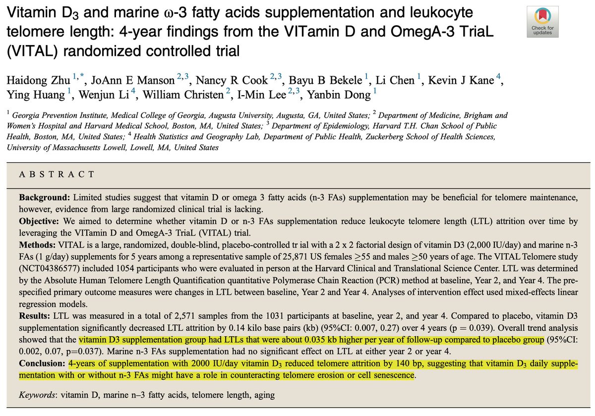 4 years of vitamin D supplementation (2000 IU/day) significantly slowed telomere shortening compared to placebo.

Telomeres shorten with age and are linked to disease risk, suggesting vitamin D may help counteract biological aging.