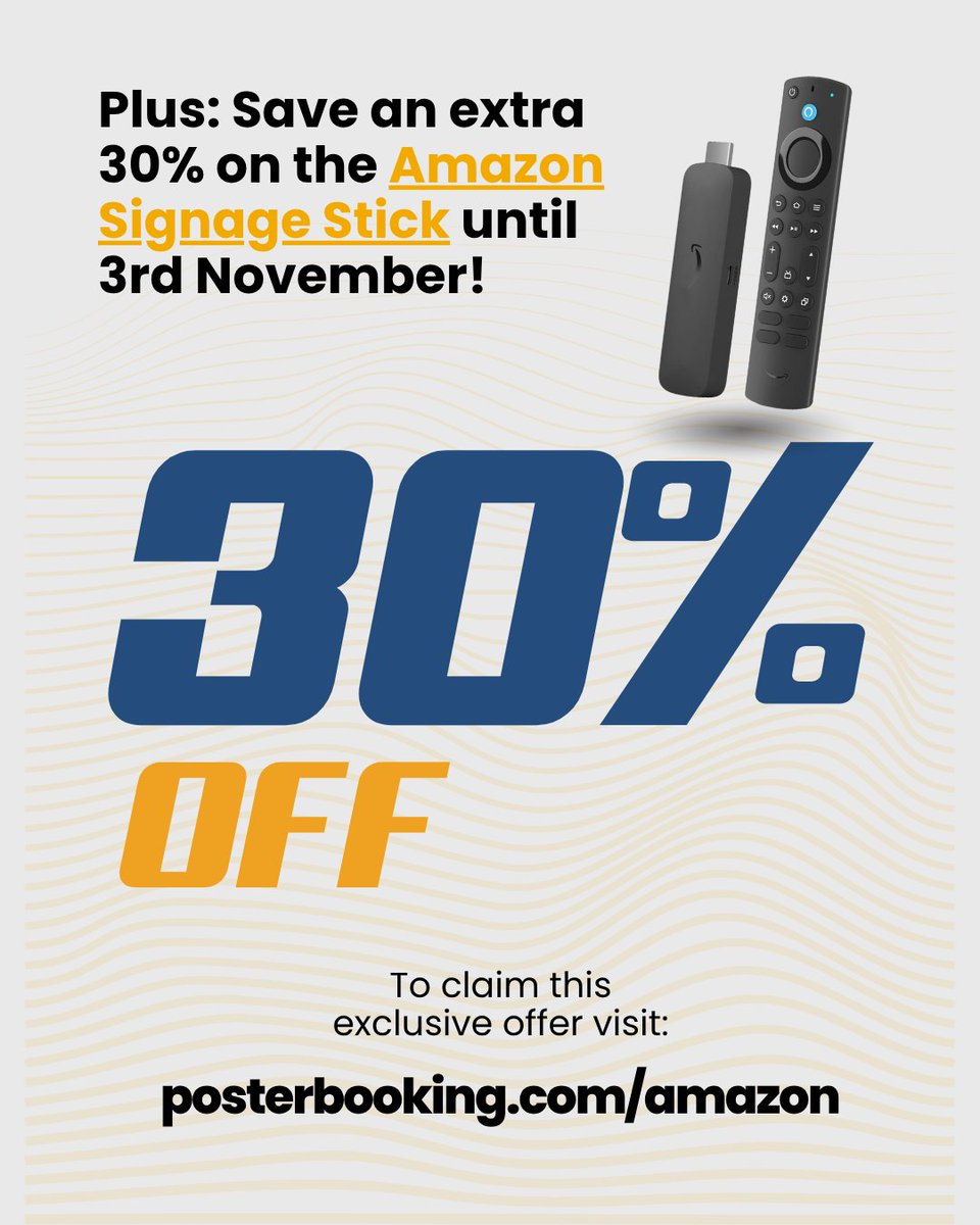 💥 Only 5 Days Left!

Get your Amazon Signage Stick and unlock Unlimited Screens FREE for a whole year! 🎉

🔥 Plus — Save 30% when you order before 3rd November!
Don’t miss out on the ultimate digital signage upgrade.

👉 Claim your exclusive offer now: posterbooking.com/amazon