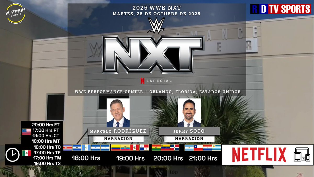 🇺🇸 #LuchaLibre #WWE | #WWENXT

📝 Hoy
🇲🇽⏰ 18:00 Hrs TC, 17:00 Hrs TP
🇺🇸 20:00 Hrs ET, 17:00 Hrs PT
🇨🇷🇸🇻🇬🇹🇭🇳🇳🇮 18:00 Hrs
🇵🇦🇨🇴🇵🇪🇪🇨 19:00 Hrs
🇧🇴🇻🇪🇩🇴 20:00 Hrs
🇦🇷🇨🇱🇵🇾🇺🇾 21:00 Hrs
📱💻 <a href="/NetflixLAT/">Netflix Latinoamérica</a>
🔊 Audio Internacional en Español
🎤 <a href="/MarceloAtWWE/">Marcelo Rodriguez</a>
🎤 <a href="/JerrySotoWWE/">Jerry Soto</a>

🤳 #WWEonNetflix