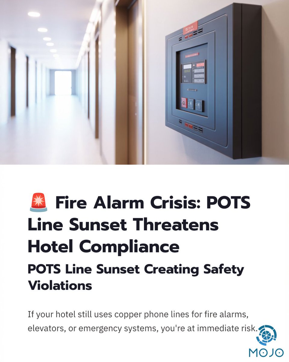MoJoTechGroup's tweet image. CRITICAL ALERT: Is your hotel&apos;s fire alarm system about to fail compliance? POTS line sunset creating life-safety violations.

FCC-Approved Replacement: LTE based POTS replacement (proven in hospitality)

#mojotechnologygroup #mojotechgroup