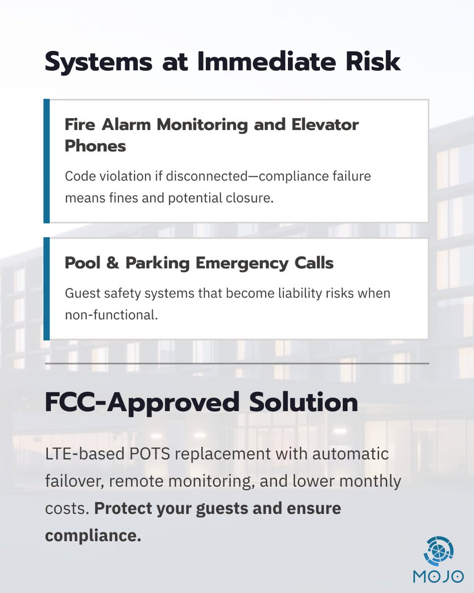 MoJoTechGroup's tweet image. CRITICAL ALERT: Is your hotel&apos;s fire alarm system about to fail compliance? POTS line sunset creating life-safety violations.

FCC-Approved Replacement: LTE based POTS replacement (proven in hospitality)

#mojotechnologygroup #mojotechgroup