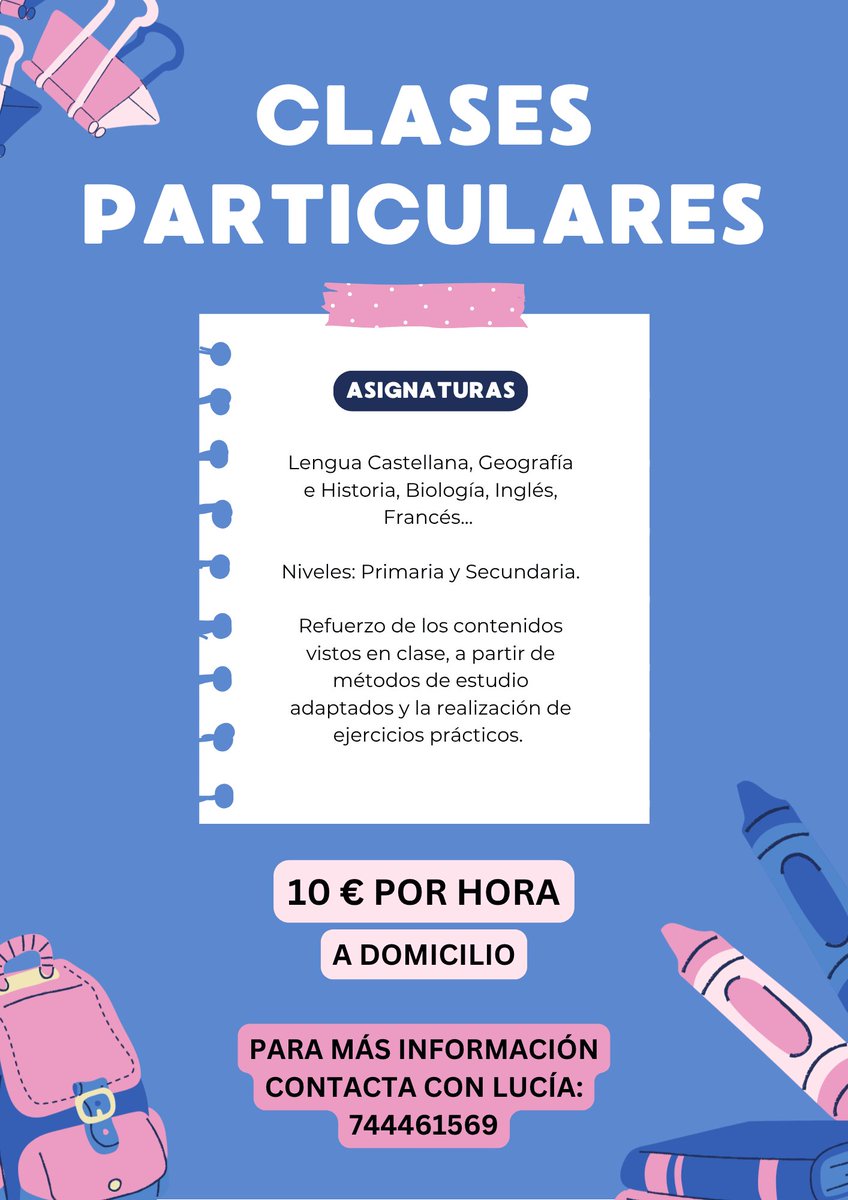 Hola! Soy Lucía. Actualmente estoy buscando sacarme un dinerillo y me ofrezco para impartir clases particulares en Córdoba capital, específicamente al alumnado de Primaria y Secundaria, aunque estoy abierta a otras posibilidades. Si me das rt te lo agradezco enormemente🫂💗