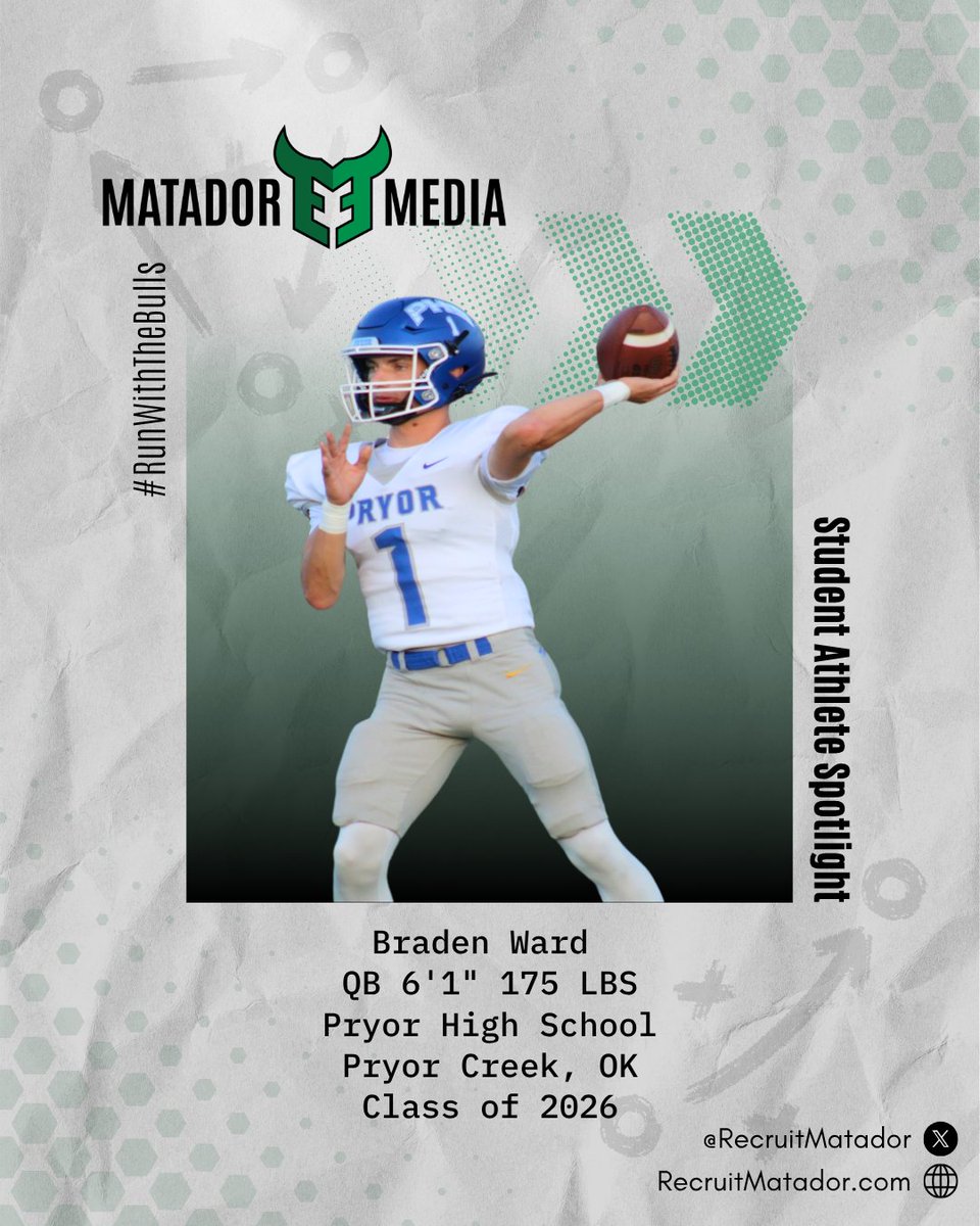 Braden Ward
<a href="/Braden_Ward_1/">Braden Ward</a>
Class of 2026 
QB, 6’1” 175, 4.0 GPA 
<a href="/PryorTigerFB/">Pryor Tiger Football</a> 
<a href="/Pryor_Athletics/">Pryor Athletics</a>
HC: <a href="/Coach_DavisPHS/">Kenny Davis</a>
Pryor High School
Pryor Creek, OK