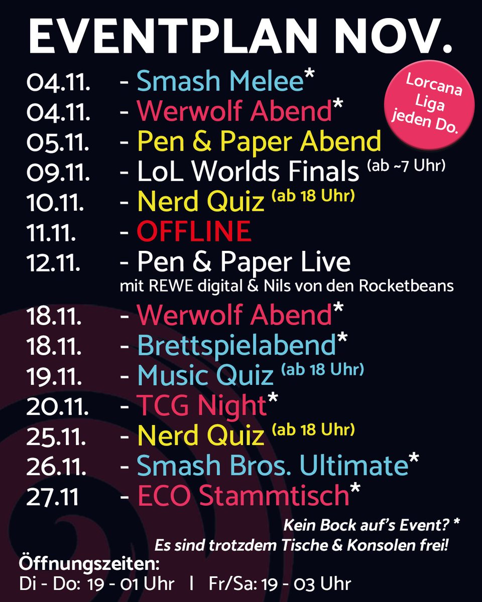 Neben unseren allseits beliebten Eventreihen finden am 09. November die League of Legends Worlds Finals statt  - wie immer mit Public Viewing bei uns.  Außerdem habt ihr am 12. November die Chance, Nils von den Rocketbeans beim Pen &amp; Paper Live zuzuschauen.

#gaming #esports #bar