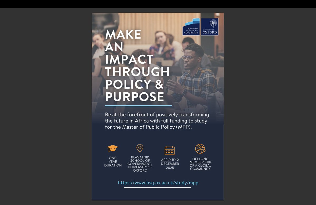 Moherst_GMB's tweet photo. 🎓 Scholarship Announcement – Apply Now! 🎓
Exciting opportunity for aspiring public leaders! Applications are now open for the Master of Public Policy (MPP) at the University of Oxford.

📅 Deadline: 2nd December 2025 
🌐 Learn more: https://t.co/14ukYQXpUo https://t.co/0V8jujAoTu