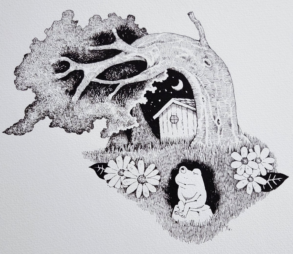 月夜のカエル
#illustration #pendrawing #アナログイラスト　#ペン画