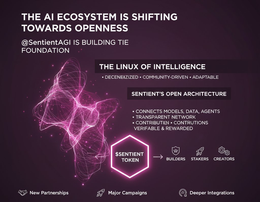 The AI ecosystem is shifting toward openness and @SentientAGI is building  the foundation for it. Think of it as the Linux of Intelligence:  decentralized, community-driven, and adaptable for every AI use case.