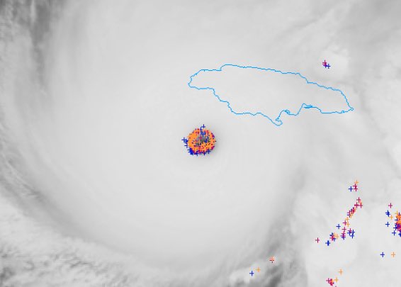 NickKrasz_Wx's tweet photo. This is NOT what you want to see. Hurricane Melissa might be reaching peak intensity right now, this is horrible news for Jamaica. Rapidly increasing lightning activity in the eyewall and very defined eye and CDO. Recon is entering Melissa shortly. https://t.co/flGaPZ0E13