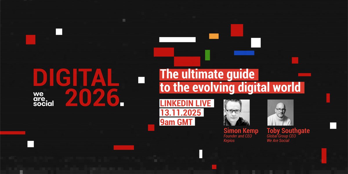 wearesocial's tweet photo. #Digital2026 is here! Our Global CEO, Toby Southgate and Kepios founder, Simon Kemp will dive into the report's headlines in our LinkedIn live on 13th November. 

Don't miss it 👉https://t.co/rg91gzWY2F https://t.co/5pYAN3e565