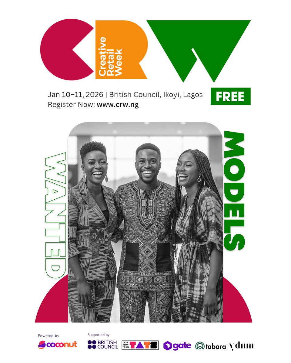 gowithcoconut's tweet image. Want to walk the runway at one of Africa’s most exciting fashion events?  
Register to model at Creative Retail Week 2026  
Get in front of top designers and brands.  

📍British Council, Ikoyi  
🗓 Jan 10–11, 2026  
Register at crw.ng

#CRW2026 #modelswanted
