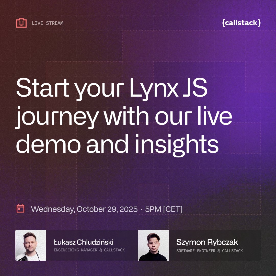 lukasz_app's tweet image. Heard about @LynxJS_org  and wondering how it feels to actually build with it?
Join me and @SzymonRybczak tomorrow (Oct 29, 5 PM CET) as we explore the dev experience - from the official docs to the community CLI, plus a live “Hello World.”
🎥 clstk.com/4nskcrY