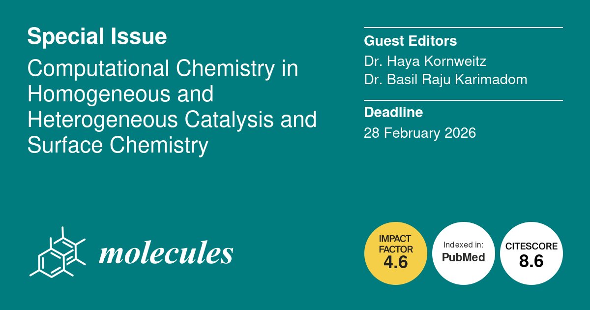 basilkarimadom's tweet photo. Exciting news!
Prof. Haya Kornweitz &amp; I are Guest Editing the Special Issue in @Molecules_MDPI :
“Computational Chemistry in Homogeneous &amp; Heterogeneous Catalysis and Surface Chemistry.”
We invite research &amp; review submissions! 
Link Below 👇
#Compchem #Catalysis #DFT #Research https://t.co/nwLrRkAOKg