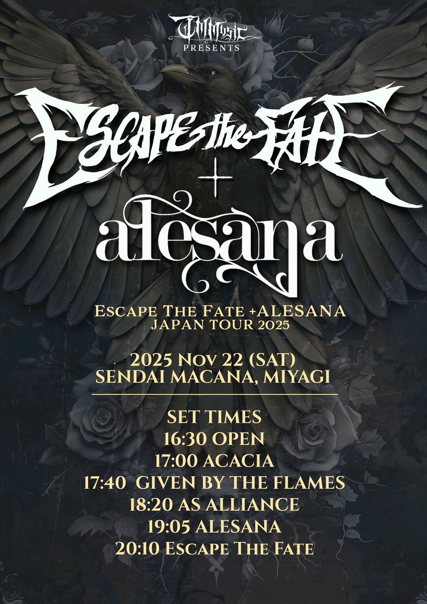 gbtf_official's tweet photo. 【🖤タイムテーブル公開🖤】
ESCAPE THE FATE / ALESANA
JAPAN 2025
w/ GIVEN BY THE FLAMES & As Alliance
全公演のタイムテ公開🕸️
各地O.A.も超強力メンツ揃ってます🔥
チェックして準備⚡️
🎫 → https://t.co/Y8anpUt7Gd
#ESCAPETHEFATE #ALESANA #JapanTour2025
#GBTF #AsAlliance https://t.co/Q4KVtBNxWu