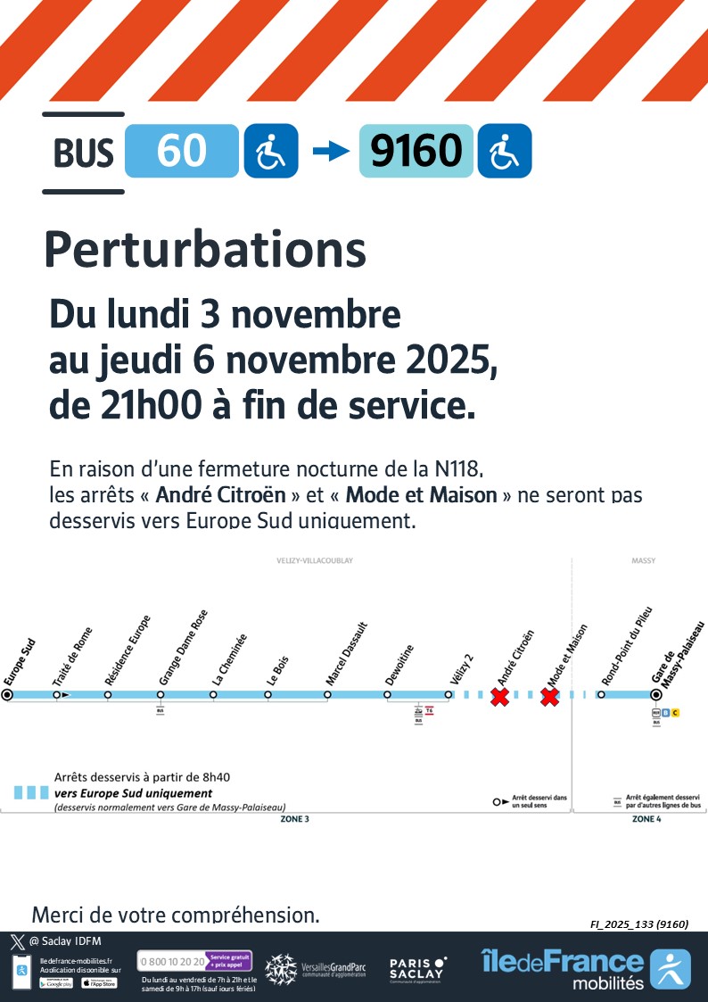 🚨 #infotrafic #Travaux #Ligne9160 #N118
‼️Du 03/11 au 06/11/25, de 21h à 06h
🚧N118
❌Arrêts 'Mode et Maison' et 'André Citroën' non desservis vers Vélizy 

<a href="/MobParisSaclay/">Mobilités - Paris-Saclay</a> <a href="/AggloVGP/">Versailles GrandParc</a> <a href="/villedemassy/">Ville de Massy</a> <a href="/velizy/">Vélizy-Villacoublay</a>