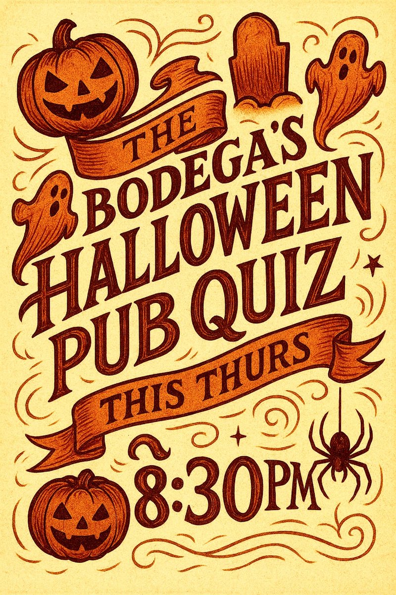 Dare to enter… 😈
The Legendary Bodega Halloween Pub Quiz rises THIS THURSDAY ⚰️
🕣 8:30PM | 💷 £1 per person
🏆 Winner takes all
🥈 Prizes for 2nd &amp; 3rd
🥄 The infamous Bodega Wooden Spoon for 2nd last!

Costumes, chills &amp; thrills await… Prize for the best dressed 💀👻🎃🕯️