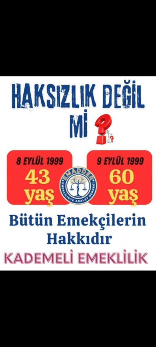 Kaya (@kaya8085) on Twitter photo <a href="/aykutugurlu/">Aykut⚖️</a> Devletimizin hizmetkâr larıyız 🇹🇷 
Devletimizin ADALETiNE Güvenip
Devletimize Sığınıyoruz...
Akranlar arası Emeklilikte KADEMELİ geçiş hakkı Yok Sayılarak araya 17 20 yıl fark kabul edilemez büyük Haksızlıktır ‼️ 
Gereği Arz olunur 
Saygılar 
#MeclisKademeyiGetir
<a href="/EmadDernegi/">EMEKLİLİKTE ADALET DERNEĞİ ⚖️</a> <a href="/aykutugurlu/">Aykut⚖️</a> Devletimizin hizmetkâr larıyız 🇹🇷 
Devletimizin ADALETiNE Güvenip
Devletimize Sığınıyoruz...
Akranlar arası Emeklilikte KADEMELİ geçiş hakkı Yok Sayılarak araya 17 20 yıl fark kabul edilemez büyük Haksızlıktır ‼️ 
Gereği Arz olunur 
Saygılar 
#MeclisKademeyiGetir
<a href="/EmadDernegi/">EMEKLİLİKTE ADALET DERNEĞİ ⚖️</a>