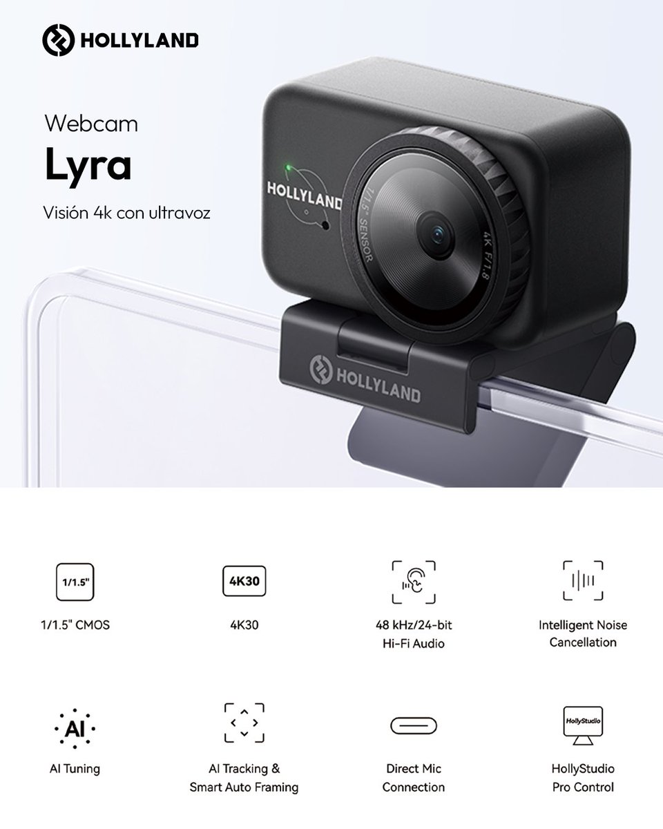 La nueva #HollylandLyra eleva tus videollamadas y transmisiones a nivel profesional 🎥
📸 50MP | 4K30fps | Audio Hi-Fi 48kHz
🤖 IA: autoencuadre, corrección de color y cancelación de ruido
🎤 Conexión directa con LARK A1
Cada píxel importa.
<a href="/Hollyland_Tech/">Hollyland</a> 

#Webcam #Creators