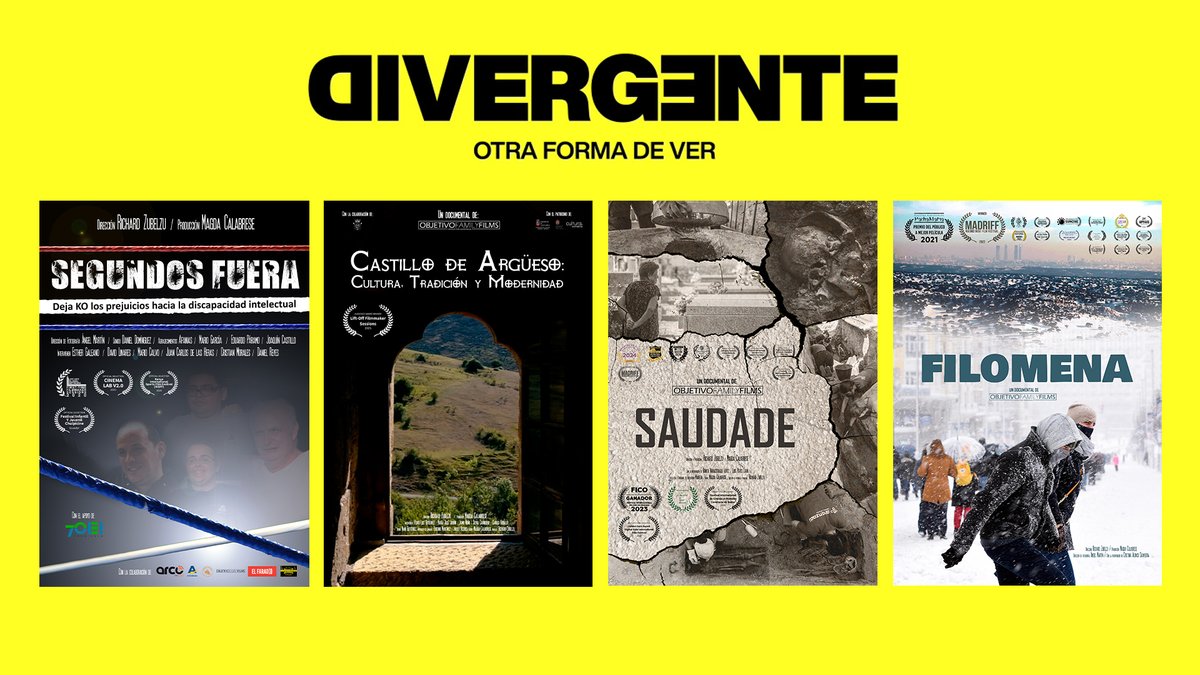 📅 31 de octubre – Estreno en <a href="/es_divergente/">Divergente España</a> 
¡Cuatro de nuestros documentales llegan a la plataforma!
🎞️ Saudade
🥊 Segundos Fuera
❄️ Filomena
🏰 Castillo de Argüeso: Cultura, tradición y modernidad

🌍 Cuatro miradas únicas sobre la identidad, la superación y la cultura.