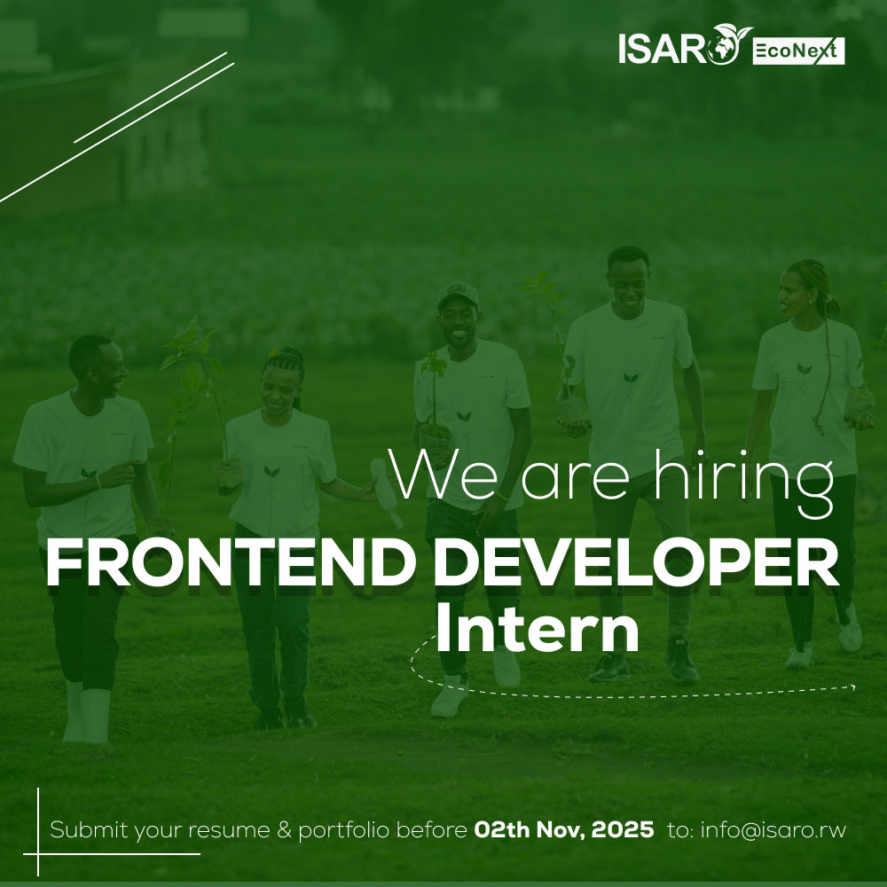 🌿 We’re hiring!

#ISAROEconext is looking for a Frontend Developer Intern to join our team.

If you’re passionate about technology and sustainability, this is your chance to grow with purpose.

Interested? Send your resume and portfolio to info@isaro.rw before 02 November 2025.