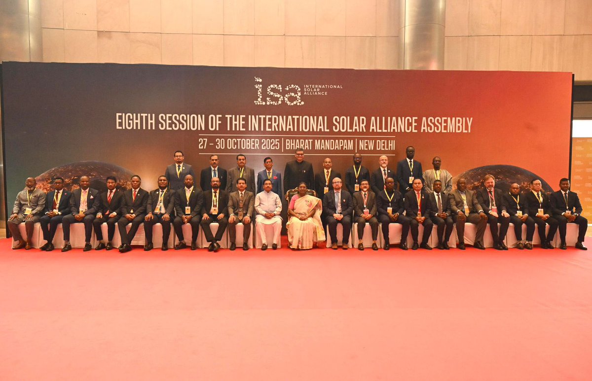 MoTmv's tweet photo. Maldives delegation, including Deputy Minister Hussain Ageel Naseer and High Commissioner Aishath Azeema, joined the opening session of ISA 8th Assembly in New Delhi. Looking forward to stronger solar collaboration. #ISAAssembly #Maldives #SolarPower @MDVinINDIA https://t.co/fWzOZ0upMj