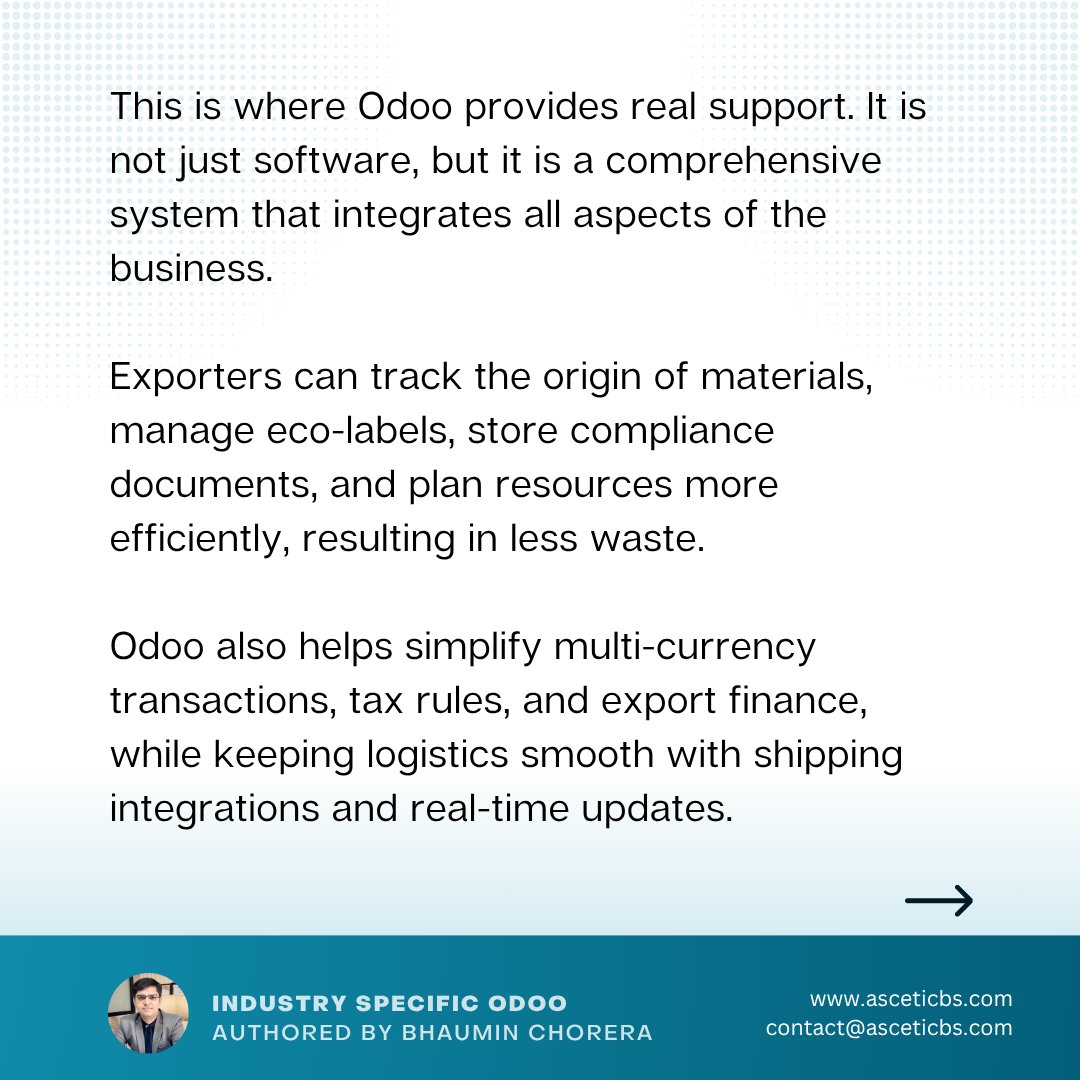 AsceticBs's tweet image. 🌿🌍 Powering Eco-Exports with Smarter ERP!

 🔗 Read more: linkedin.com/pulse/odoo-eco…

#OdooERP #EcoExports #SustainableBusiness #BusinessGrowth #AsceticBusinessSolution