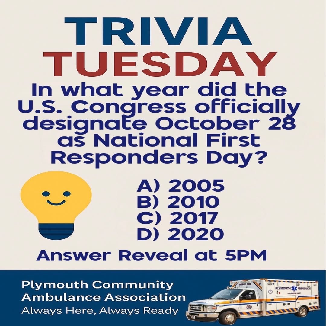 medic308's tweet image. 🚑 𝘛𝘳𝘪𝘷𝘪𝘢 𝘛𝘶𝘦𝘴𝘥𝘢𝘺 🚑

In what year did the U.S. Congress officially designate October 28 as National First Responders Day?
A) 2005  B) 2010  C) 2017
D) 2020
👉 Drop your guesses- answer at 5:00 PM! Who will be the first to get it right? 👀 #trivia
#pcaa #medic308